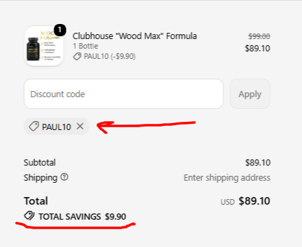 Screenshot from Clubhouse Supplements checkout page showing the discount code PAUL10 applied successfully.