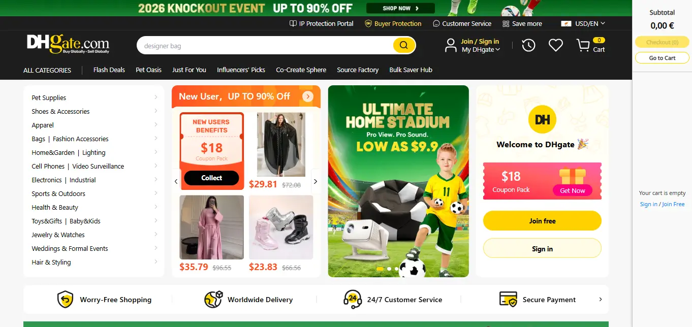 Screenshot of DHGate's homepage