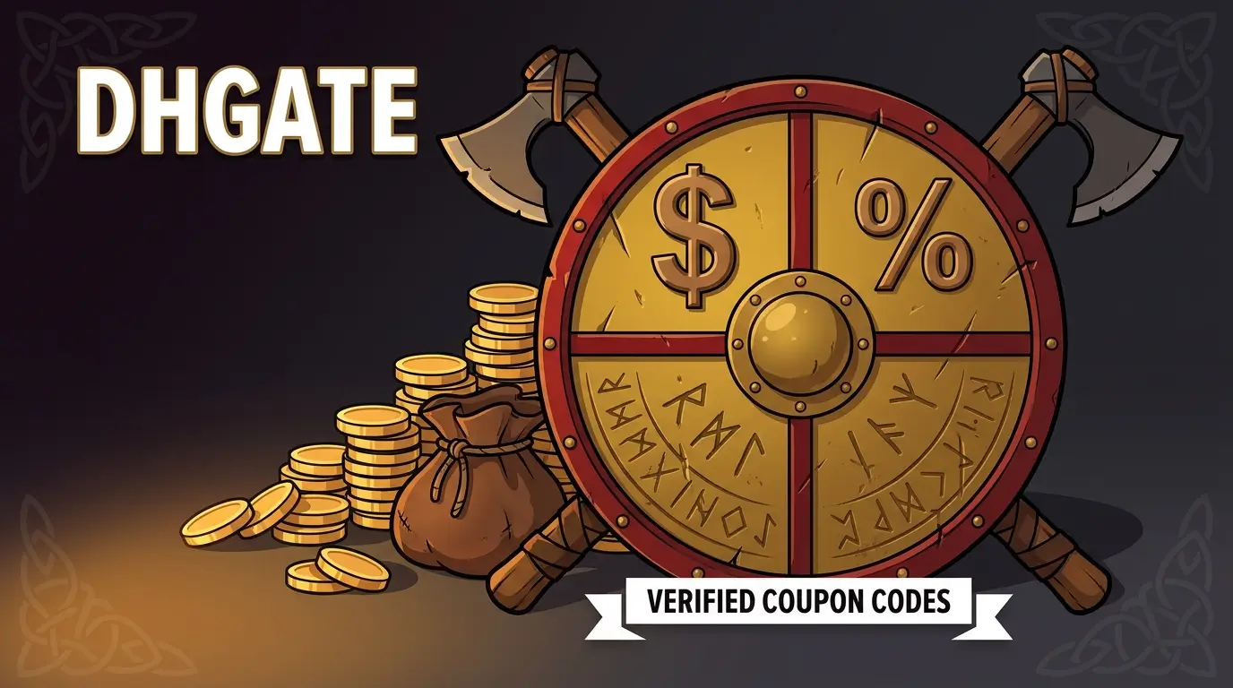 Viking shield illustration with dollar and percentage symbols representing DHgate coupon codes and discounts
