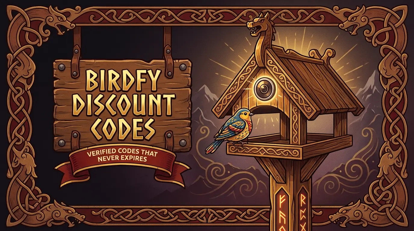 Viking-style illustrated featured image of a carved wooden Birdfy smart bird feeder shaped like a Norse longhouse, next to a gold plaque reading Birdfy discount codes verified codes that never expire.