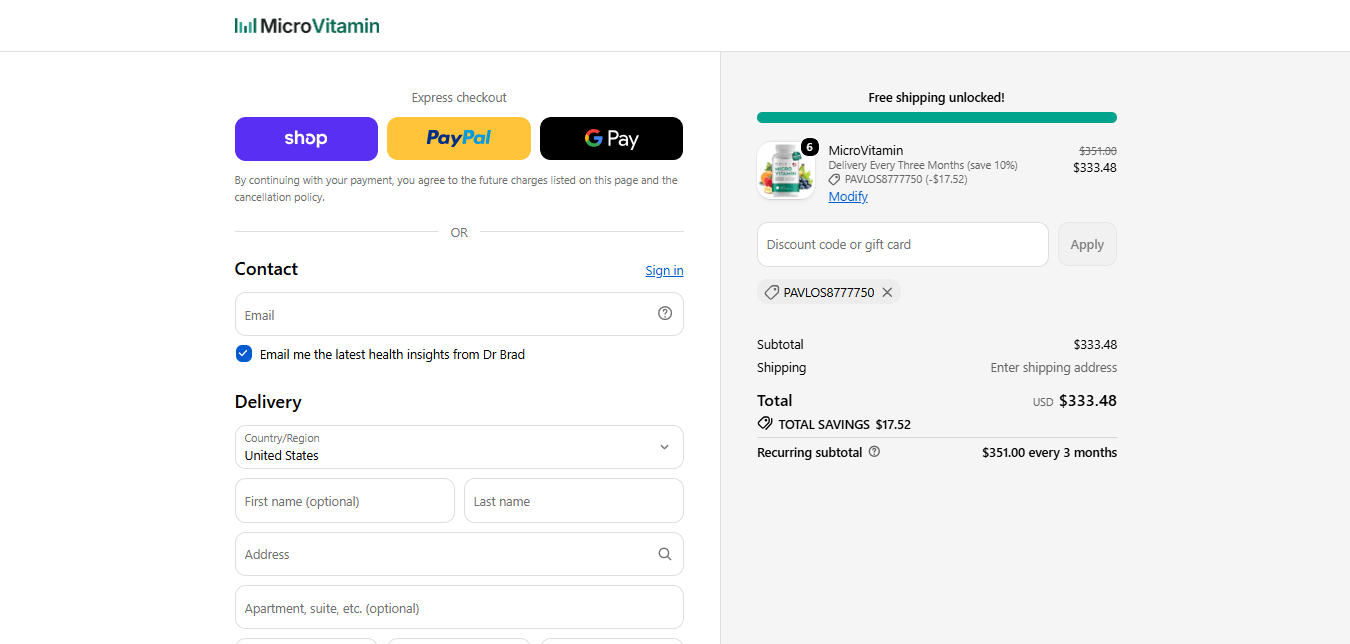 Microvitamin's checkout page where it shows the discount code PAVLOS8777750 applied and working.