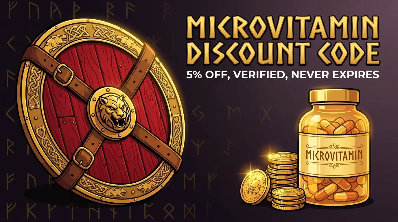 Viking-themed featured illustration for the Microvitamin discount code guide, showing a gold shield, a Microvitamin bottle, and coins