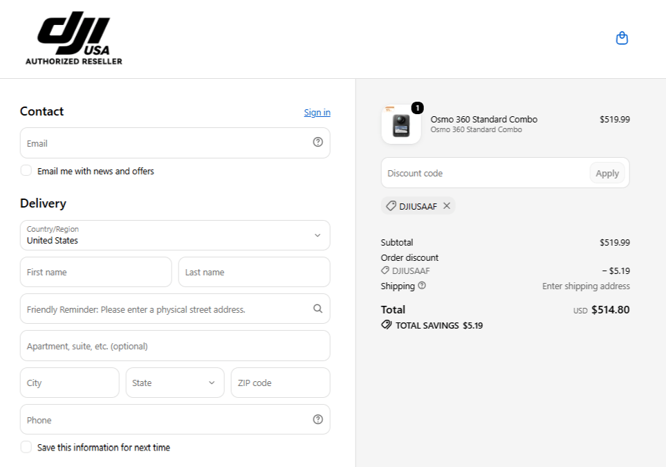 Screenshot from DJIUSA.com showing the discount code DJIUSAAF is working