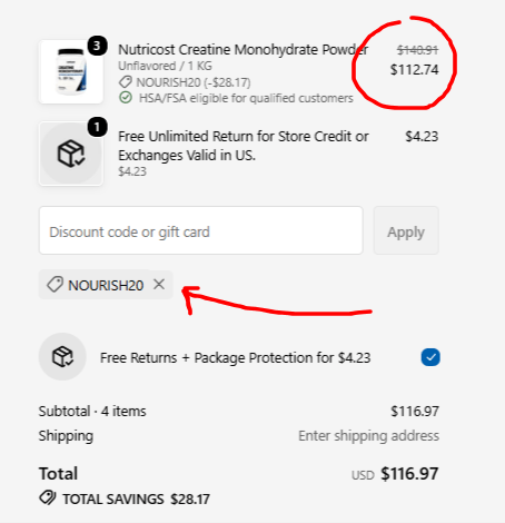 Nutricost Checkout page showing discount code NOURISH20 applied and working.