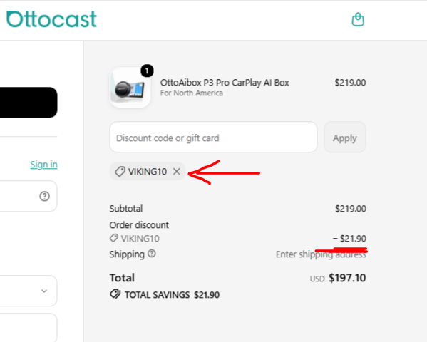 Screenshot from Ottocast checkout showing discount code VIKING10 saving 10% from a customer in Europe.