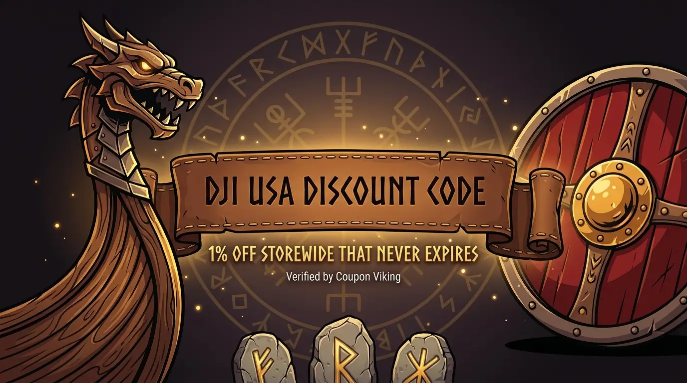Viking longship and shield illustration for a DJI USA discount code guide covering the 1% off storewide code DJIUSAAF