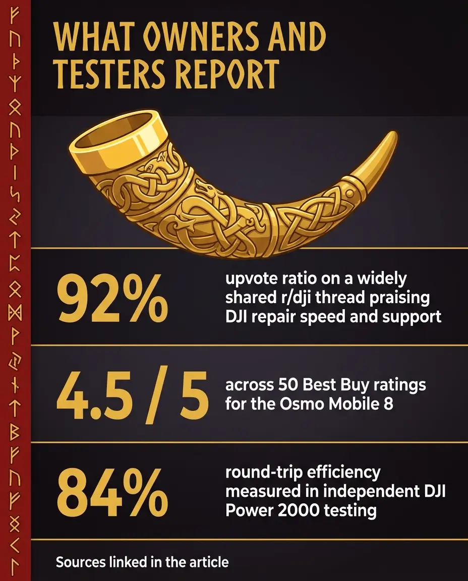 DJI USA review summary showing a 92 percent upvote ratio on an r/dji support praise thread, 4.5 out of 5 for the Osmo Mobile 8, and 84 percent efficiency on the DJI Power 2000
