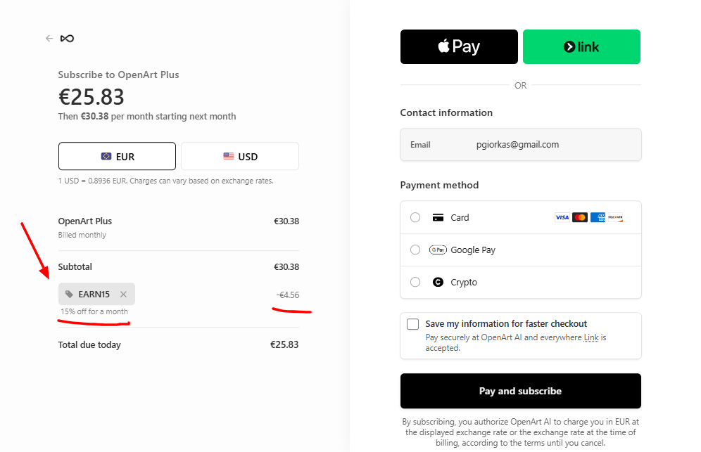 Open Art ai discount Code EARN15 screenshot