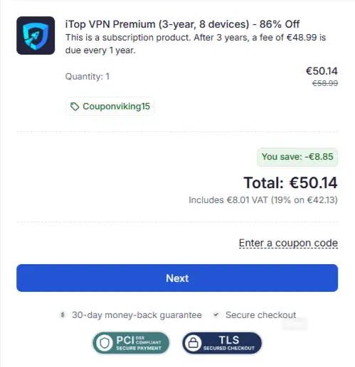 Screenshot from iTOP VPN's checkout page were it shows the discount code CouponViking15 applied and working.