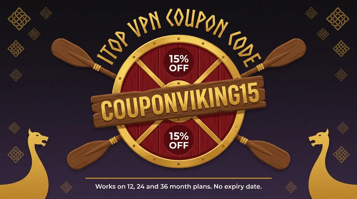 iTop VPN coupon code Couponviking15 for 15 percent off shown on a gold and red Viking shield