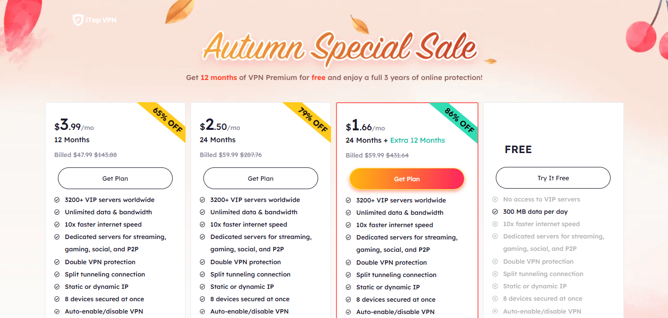 Screenshot of iTOP VPN Pricing Table