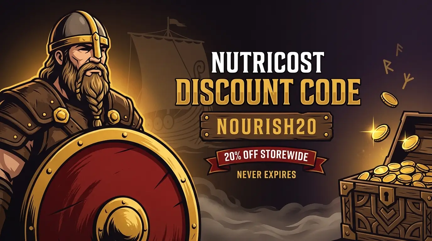 Viking warrior with a red and gold shield beside the Nutricost discount code NOURISH20 for 20% off storewide, with gold coins spilling from a wooden chest.