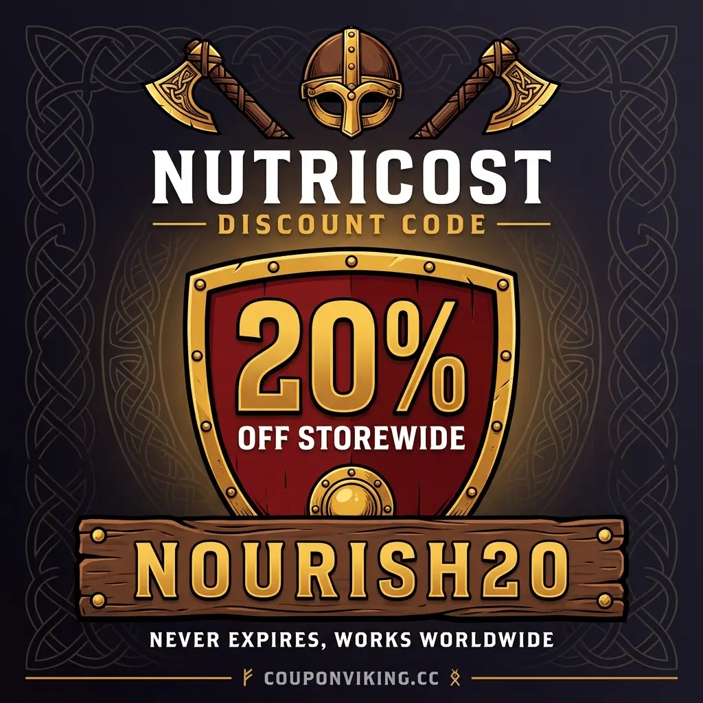 Nutricost discount code NOURISH20 for 20% off storewide displayed on a Viking shield and carved wooden banner, verified by Coupon Viking with no expiry date.