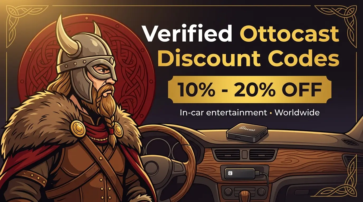 Viking-style illustration promoting the Ottocast discount code VIKING10 for 10% off eligible in-car entertainment products worldwide.