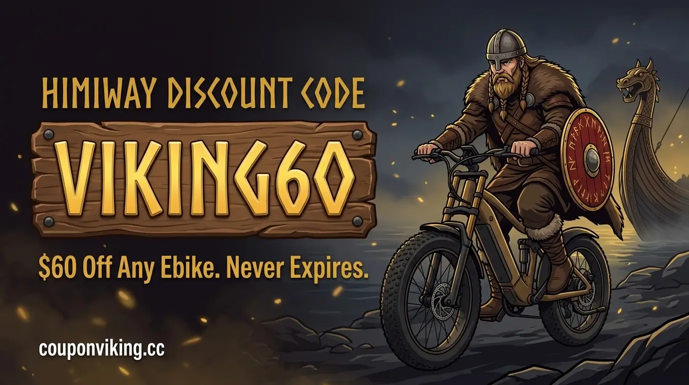 Viking rider on a fat tire ebike beside the Himiway discount code VIKING60 for $60 off any ebike