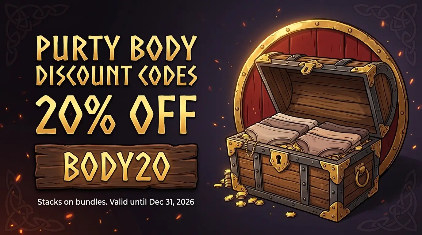 Viking style illustration showing Purty Body discount codes with BODY20 for 20% off, a red shield and a chest of shapewear